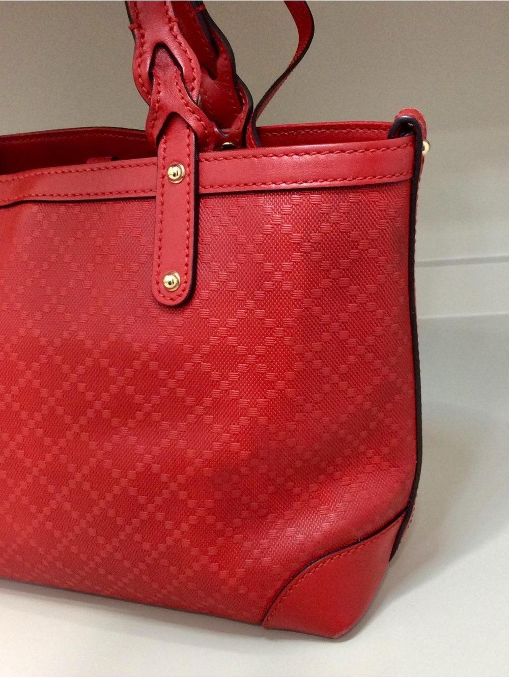 Authentic Gucci Small Diamante Craft Tote Canvas Leather with Pouch Red Bag - Picture 13 of 16